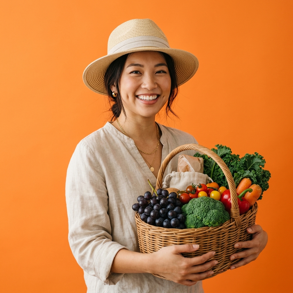 Smiling girl with fresh fruits basket